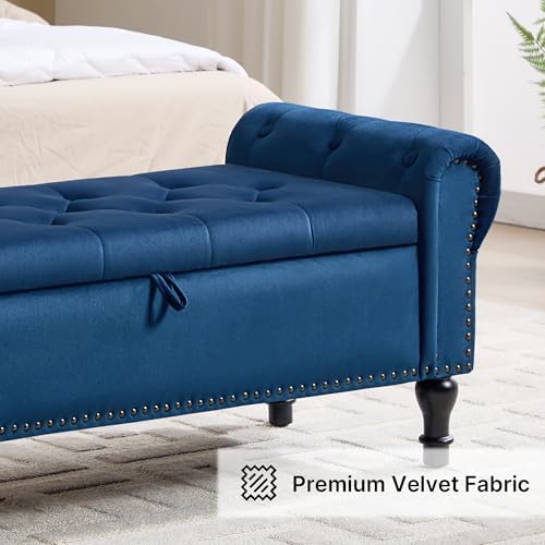 Storage Bench for Bedroom, 51" Upholstered End of Bed Bench, Velvet Queen Size Benches with Rolled Arms, Tufted Button Storage Long Ottoman, Living Room, Entryway, Blue
