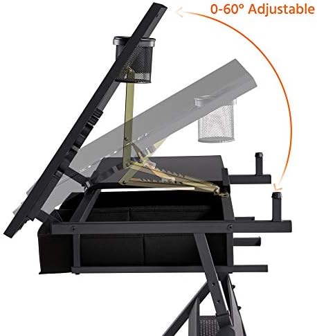 Yaheetech Adjustable Drafting Table Art Desk,Storage Drawers & Stool,Black | MDF tabletop tilts 0-60° on a metal frame for drawing, crafts, and homework, with two supply drawers and a matching stool.