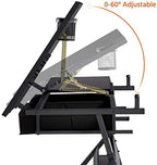 Yaheetech Adjustable Drafting Table Art Desk,Storage Drawers & Stool,Black | MDF tabletop tilts 0-60° on a metal frame for drawing, crafts, and homework, with two supply drawers and a matching stool.