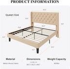 SHA CERLIN Queen Upholstered Bed Frame, Button Tufted Design, Beige