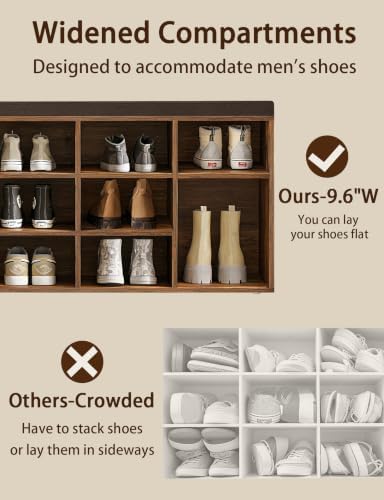 DINZI LVJ Shoe Storage Bench with Cushion, 15-Cubby Shoe Rack with Seat | 50.8"L Entryway Shoe Organizer Bench, Adjustable Shelves for Boots, Removable Washable Cushion, Closet/Hallway, Rustic Brown