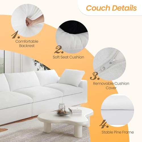 JACH Modular Sectional Sofas for Living Room, Deep 3-Seats Convertible Couch, Cushion Covers Removable, Modern Cloud Sectional Couches for Apartment (White), 120WE-3
