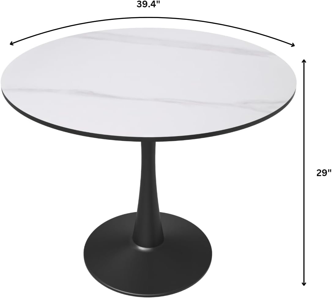 LeisureMod Bristol 40" Round Dining Table, Modern MDF Wood in Black Metal Pedestal Base Accent Table Mid-Century Café Table, Kitchen Dining Room Furniture, Marbled White