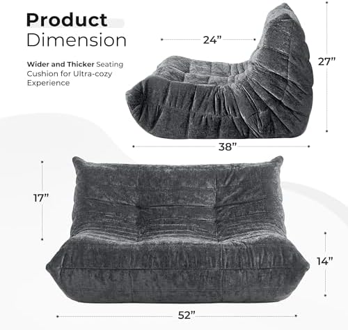 HABUTWAY Giant Bean Bag Chairs Loveseat for Adults,2 Seater,Grey | Loveseat Fireside Chair, Memory Foam Lazy Bean Bag Couch for Living Room, Bedroom, Dorm, Office