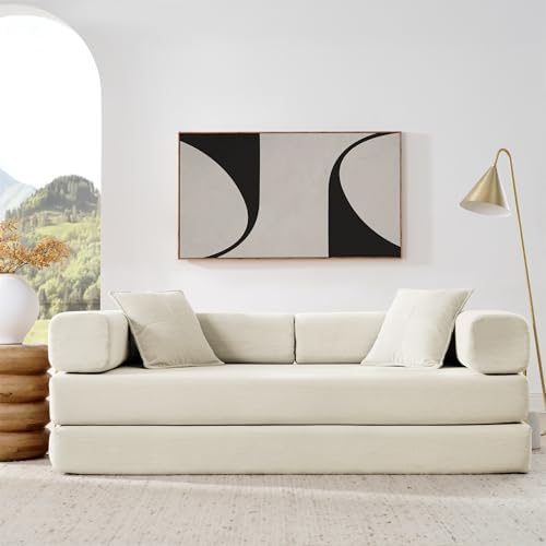 4-in-1 Folding Convertible Sofa Bed, 78 Inch Couch with Fixed-Shape Frame, Corduroy Loveseat Sleeper with Pull Out Bed, Floor Sofa Modular Futon Couch for Living Room Bedroom Lounge (Beige)