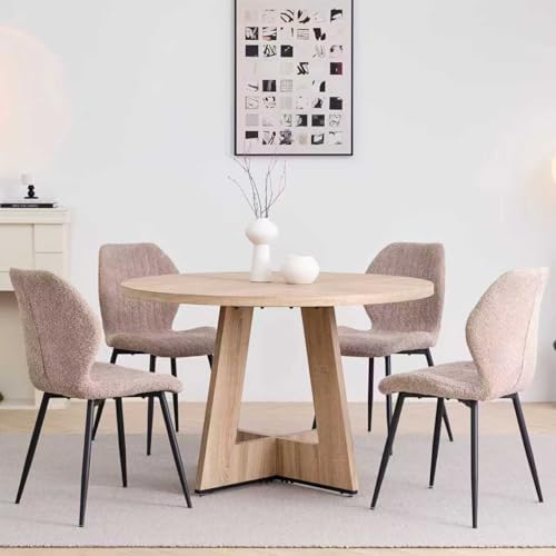 Round Dining Table Set for 4, Kitchen Table and Chairs | Wooden Cross Base, Boucle Fabric Chair, for Apartment