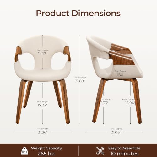 Zouron Fabric Dining Chair, Upholstered Chair with Armrest, Accent Chairs with Wood Legs for Kitchen Dining Room Desk, Walnut Wood Veneer, Beige Fabric