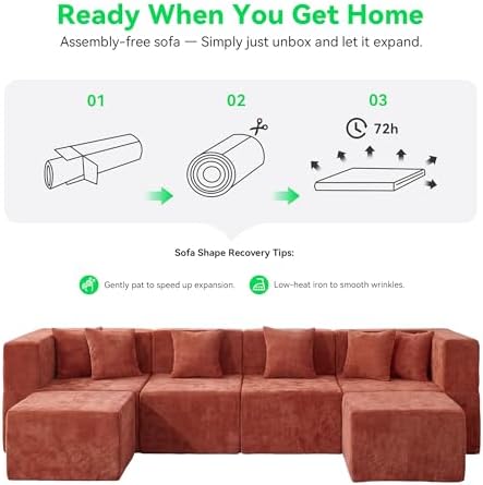 MONVANE U Shaped Sectional Couch Oversized, Chenille, Rust Red | 6-Seat Sectional Couch for Living Room, Modular Cloud Sofa with Ottoman & 6 Throw Pillows, No Assembly Required