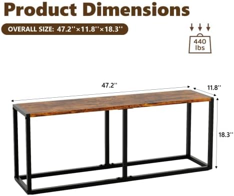 VINGLI 47.2 Inch Indoor/Outdoor Bench, Rustic Brown Dining & Patio Bench with Heavy-Duty Metal Frame, Backless Seating Bench for Dining Room, Garden, Porch, Balcony & Entryway