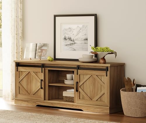 WAMPAT Farmhouse Style TV Stand for 60-75 inch TV w/Distressed Wood Finish | 66.1"L*15.4D"*25.6"H, TV Cabinet with Cable Management,Sliding Barn Door,Adjustable Media Shelf,Hidden Storage Space