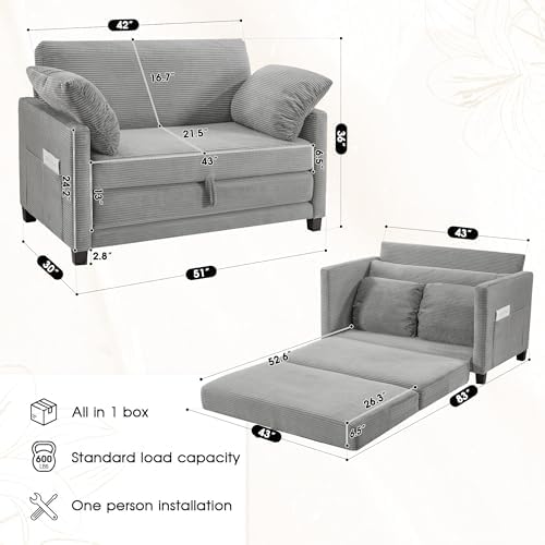 51" Convertible Loveseat Sofa Bed, 2-in-1 Folding Sofa Bed with 2 Pillow for Small Spaces, Modern Loveseat Sleeper Couch for Apartment, Living Room & Guest Room (Light Grey Corduroy, 51 inch)