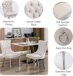 44.88" Round Dining Table Set, Luxury Diamond-Shape Dining Room Table with Faux Marble Top & 4 Beige Tufted Velvet Chairs, White&Silver Circle Kitchen Table and Chairs Set with Stainless Steel Base