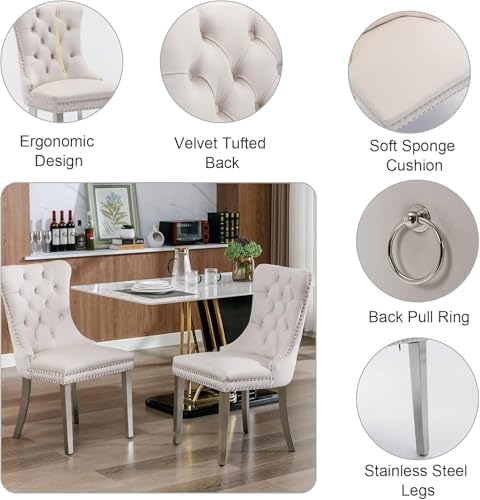 44.88" Round Dining Table Set, Luxury Diamond-Shape Dining Room Table with Faux Marble Top & 4 Beige Tufted Velvet Chairs, White&Silver Circle Kitchen Table and Chairs Set with Stainless Steel Base