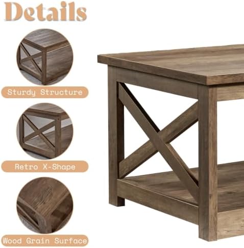 AMERLIFE Farmhouse 5 Piece Living Room Table Set, 59" TV Stand, Barnwood | TV Console for Living Room with 23" Electric Fireplace, 40" Coffee Table and 2 End Tables with Charging Station and USB Ports
