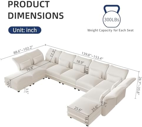 LLappuil 9 Seat Sectional Couch with Storage, Large U Shaped Corduroy Modular Sectional Sofa for Living Room with Adjustable Arms Backs, Plush Supportive Cushions (Beige)