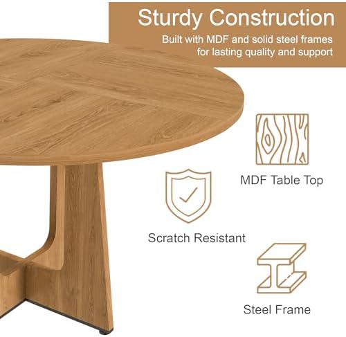 Modern 5-Piece Dining Table Set with 4 Chairs,Oak Round MDF Dining Table, Beige Fabric Upholstered Chairs with Natural Wood Legs for Kitchen Dining Room Home