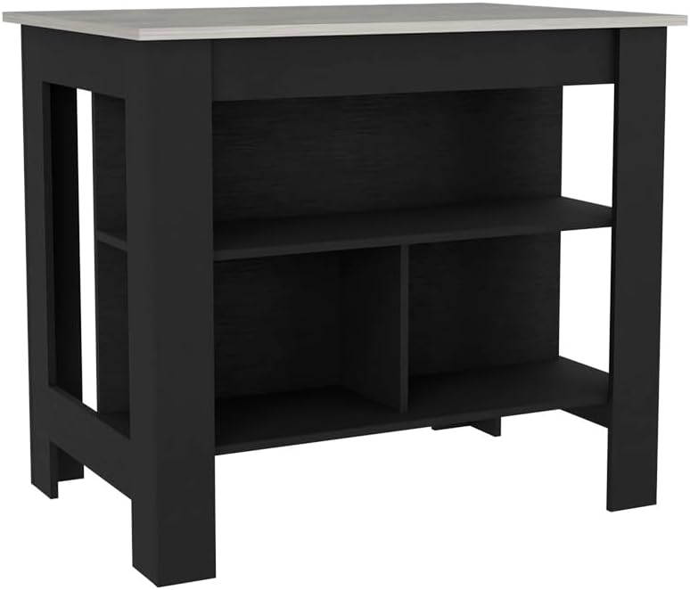 Kitchen Island Dozza with Three Shelves Black and Ibiza Marble Finish | Three storage shelves with varying dimensions for organized kitchen storage