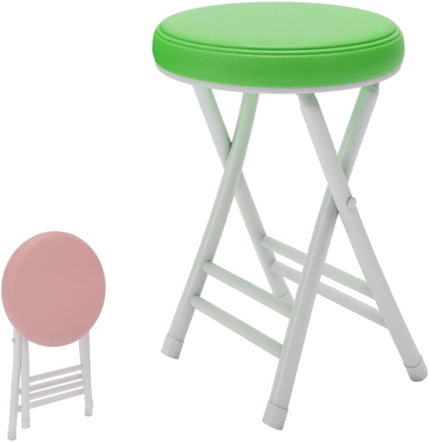 20" Home Folding Stool Collapsible Padded Bar Stool Round Kitchen Stools No Back Portable Breakfast Chairs PU Leather for Kitchen Breakfast Cafe(Dark Green)