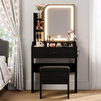LIKIMIO Small Vanity Desk with Mirror Lights and Storage Stool | Black compact vanity with 3 light modes, charging station, storage drawer, 3 shelves and upholstered stool