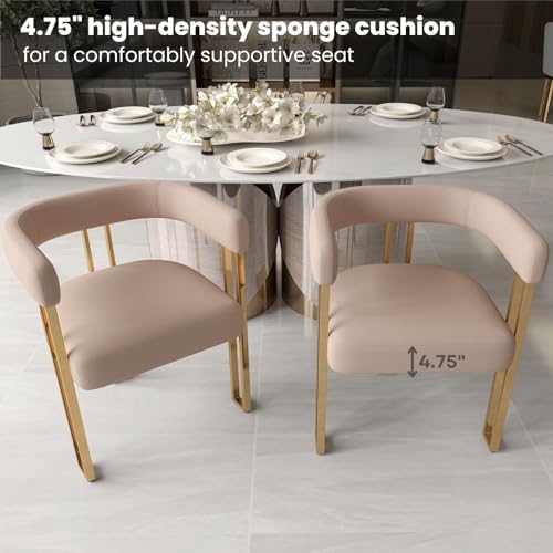 Khaki Velvet Barrel Dining Chairs Set of 2, Modern Upholstered Dining Room Chairs with Gold Metal Legs&Armrest, Boucle Dining Chair Kitchen Chair for Restaurant Banquet