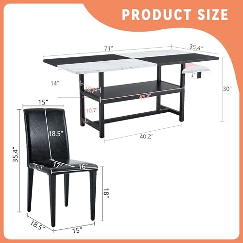 71" Dinner Table Set for 6, Modern Dining Table Set for 6, Black and White Splicing Tabletop with Storage Shelf, White Faux Marble Dining Table and 6 Black Upholstered Chairs for Kitchen, Dining Room