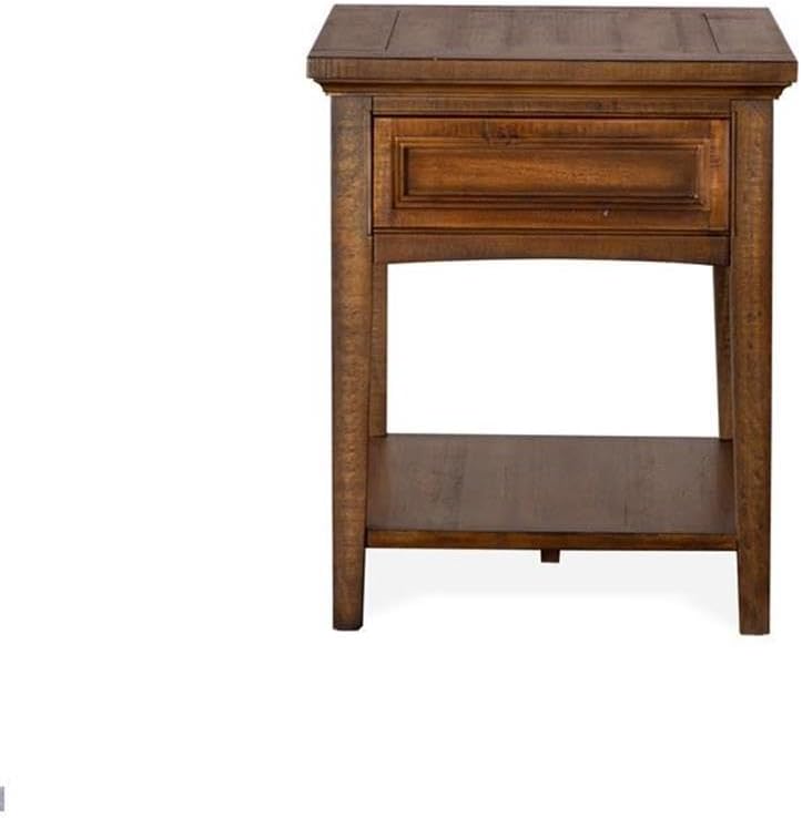 BOWERY HILL Traditional Rectangular End Table, Toasted Nutmeg Finish, 24" H x 20" W x 26" D, Solid Wood with 1 Drawer and Fixed Bottom Shelf, Aged Bronze Hardware, Living Room or Bedroom Side Table