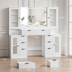 Fluted Makeup Vanity Desk with Mirror and Lights, 55" Glass Top Vanity with 8 Drawers & 4 RGB Glass Cabinets, Adjustable Shelves & Power Outlet, Modern Dressing Table Set for Women Girls Bedroom