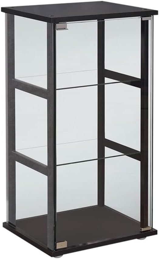 BOWERY HILL Contemporary 3 Shelf Glass Curio Cabinet, 33.5" H x 16.75" W x 14.25" D, Black Finish, Tempered Glass Shelves, Pine and Particle Board, Modern Display Cabinet for Home Décor