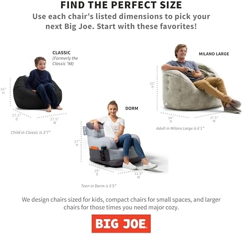 Big Joe Dorm Bean Bag Chair with Drink Holder and Pocket, Black Smartmax, Durable Polyester Nylon Blend, 3 feet | Polystyrene Bean Filled, Refillable, Nylon Polyester, Adult-Sized Comfortable Seating, Supports Up to 250 lbs