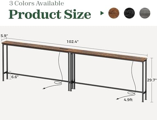 SUPERJARE 102.4 inch Narrow Behind Couch Table with Charging Stations | Power Outlet with USB-C Ports, Extra Storage Behind Sofa,Sofa Table Console Table for Entryway Living room, Rustic Brown