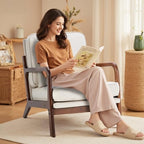 DUMOS Mid Century Modern Accent Chair, 16'' Seat Height Cozy Lounge Chair | Upholstered Armchair with Waist Cushion and Wood Frame for Living Room, Bedroom, Reading Nook, Balcony, Ivory White