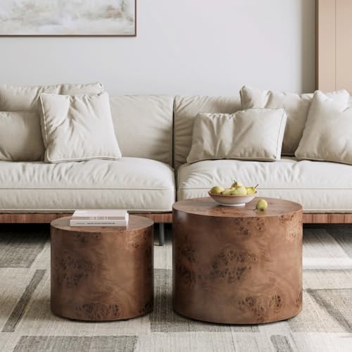 Nesting Coffee Table Set of 2, Modern Round Coffee Table, Wooden Circle Accent Tables for Small Spaces Living Room Bedroom Balcony Office Drum Side Table, Brown Burl