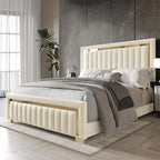 HOME DESIGN Olathe King Size Upholstered Panel Bed Frame, Vertical Channel Tufted Headboard with Gold Metal Accent, Velvet Fabric, Platform Design, Box Spring Required, Beige