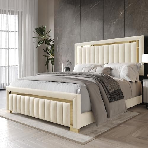 HOME DESIGN Olathe King Size Upholstered Panel Bed Frame, Vertical Channel Tufted Headboard with Gold Metal Accent, Velvet Fabric, Platform Design, Box Spring Required, Beige