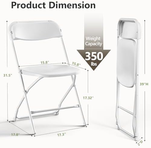 White Folding Chairs 2 Pack, Plastic Folding Chairs for Outside, Heavy Duty Foldable Chairs, Sturdy Metal Folding Chairs, 350 lbs Capacity, for Patio, Garden, Party