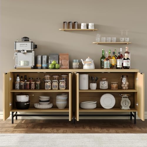 Furniouse Buffet Cabinet with Storage 66.2''W Modern Sideboard with 4 Fluted Doors & Shelves Wood Kitchen Buffet Table Fluted Cabinet for Living Room, Natural Oak