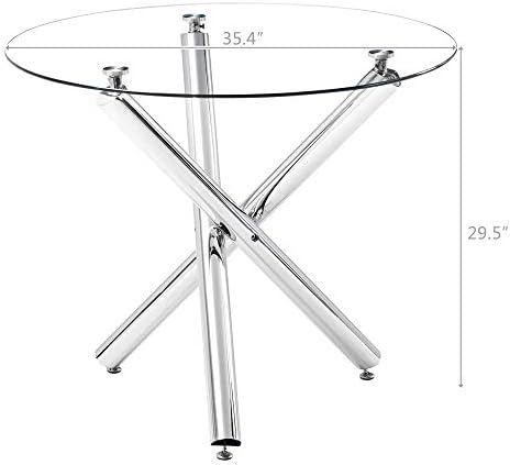 36" Luxury Silver Glass Dining Room Table Set for 4, 5-Piece Round Kitchen Dining Table Set with Cross Metal Legs and 4 Beige Velvet Upholstered Chairs, Glass Kitchen Table and Chairs Set