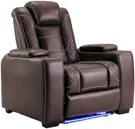ANJ Power Home Theater Seating, PU Leather Electric Recliner Chair with Adjustable Headrest, Dual Motors Movie Reclining Chairs with LED Lights,USB Port, Cup Holders, Hidden Arm Storage (Brown)