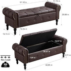 Storage Bench 51" Faux Leather End of Bed Benches Dark Brown | Queen Size Storage Bench for Bedroom with Rolled Arms Tufted Ottoman Benches Upholstered Bench for Living Room Entryway