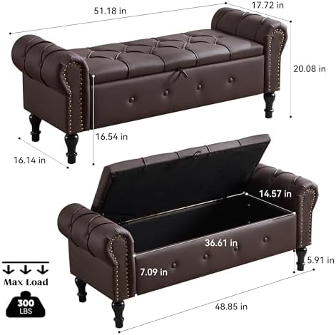 Storage Bench 51" Faux Leather End of Bed Benches Dark Brown | Queen Size Storage Bench for Bedroom with Rolled Arms Tufted Ottoman Benches Upholstered Bench for Living Room Entryway