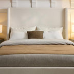 King Size Upholstered Platform Bed Frame, 52.3" High Headboard Carmen Wingback Beds, Tall Headboard King Floor Bed Frames, No Box Spring Needed No Noise, Minimalist, Textured Ivory
