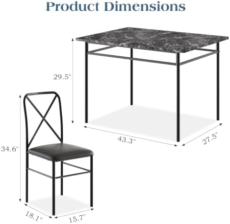 VECELO 5-Piece Dining Table Set for 4 with Upholstered Chairs, Pure Black | Faux Marble Tabletop, Space-Saving, for Kitchen, Breakfast Nook