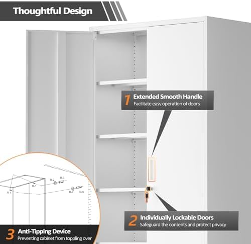 VINGLI Metal Garage Storage Cabinet with 2 Doors and 5 Adjustable Shelves, 71" Tall Steel Lockable File Cabinet, Locking Tool Cabinets for Home Office Garage Gym School (White)