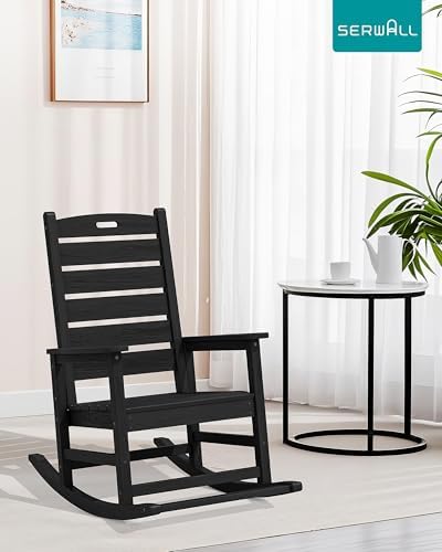SERWALL Outdoor Rocking Chair Set of 2, Oversized HDPE Rocker, Black | Heavy Duty Front Porch Rocker with Footrest, all Weather Porch Rocker for Deck Patio Balcony, 350lbs Weight Capacity