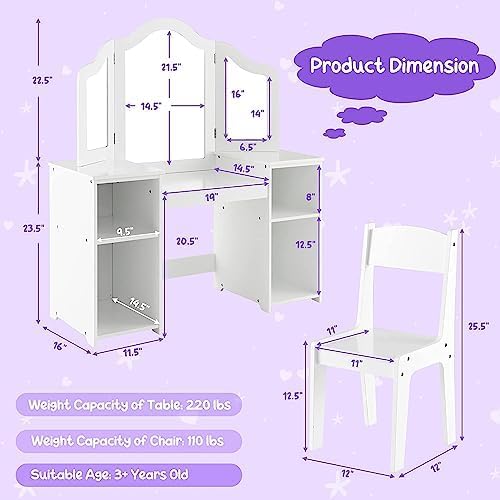 HONEY JOY Kids Vanity, Little Girls Vanity Set with Mirror and Stool, Storage Shelves, Wooden Princess Makeup Dressing Table, Toddler Vanity, Pretend Play Kids Vanity Table and Chair Set (White)