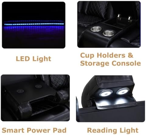 Power Recliner Sofa Set, Black Leather 3 Pieces Sectional Couch, Living Room Furniture Sets with LED Light, Modern Power Reclining Sets with Storage Console/Cup Holder for Living Room