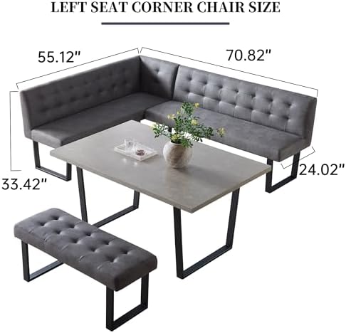 HIPIHOM Dining Table Set with Bench, Grey Table with Grey Right Seat Bench | 42.9 Inch MDF Tabletop with Corner sofa and 43.3 In Bench, Metal Legs for Family Dining Room Furniture, Apartment
