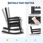 HDPE Rocking Chair Outdoor Set of 2 with Side Table, High Back Rocker | All Weather Resistant & Wood Textured Furniture for Patio Front Porch - Black