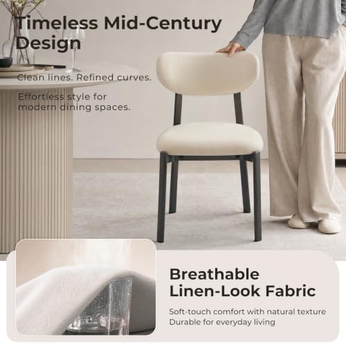 Dining Chairs Set of 4, Modern Upholstered Fabric Kitchen Chairs | Textured Fabric, Curved Back, Upholstered Seat, Metal Frame, Dining Room, Kitchen, Breakfast Nook, Restaurant, Beige