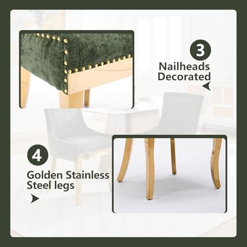 Olive Green Upholstered Dining Chairs Set of 6, Gold Stainless Steel Legs | High back; nailhead trim; modern style; 400 lb capacity dining chairs for Kitchen; easy assembly;accent kitchen chairs